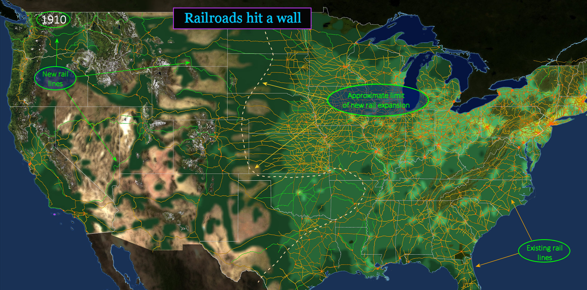 Railroad boom ends, 1910 map
